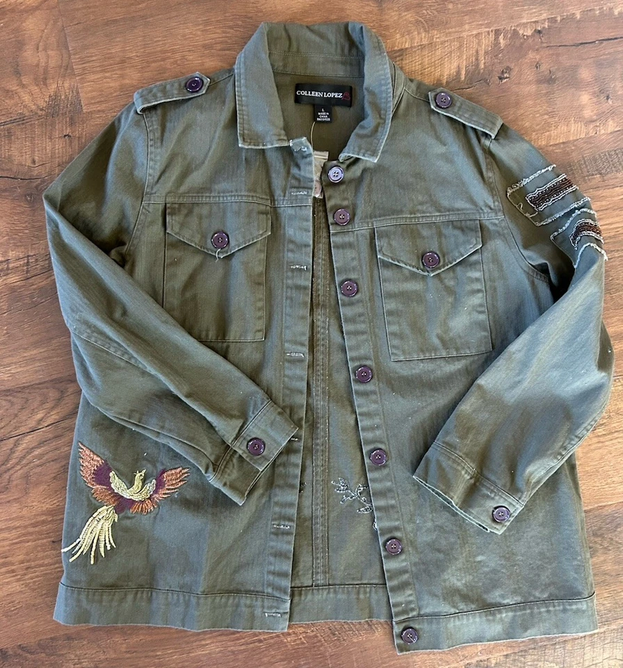 Colleen Lopez Embroidered Beaded Military Shacket Utility Jacket Button Up L - Image 2 of 4