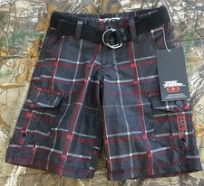 NWT NO FEAR black/red/white plaid cargo pocket belted shorts, size boy 5