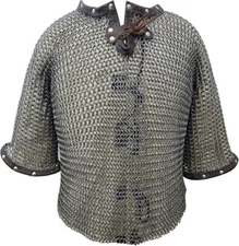 Medieval 10 mm Mild Steel Butted Half Sleeve Hauberk Chainmail Shirt Oil Finish