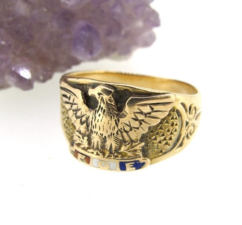 Vintage FOE Fraternal Order Eagle Ring 10k Yellow Gold and Enamel Size 8.75 - Picture 4 of 6