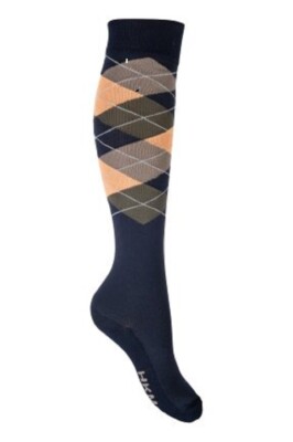 HKM Reitsocken - Diamond Check Classico - dunkelblau/orange - Größe 35-38 (beliebt)