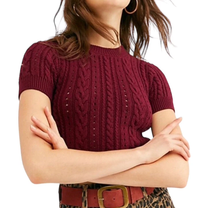 Free People Short Sweet Plum Cropped Short Sleeve Sweater NWT Size
