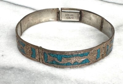 G.M. 10 Mexico 925 Sterling Silver Turquoise Inlaid Bracelet | eBay