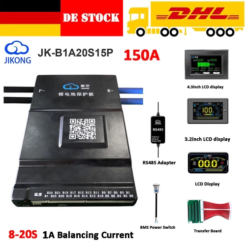 JK BMS 8S-20S 150A LiFePo4 Li-ion Smart BMS w/1A Active Balance BT/RS485/LCD DE