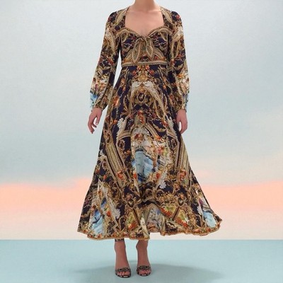 Camilla Venice Vignette Dress Size M/ AU12/ US8  Silk Maxi Tie Front Mid Sleeve