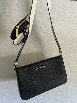 Michael Kors Black Logo Crossbody Bag Zip Closure Coin Purse White Strap