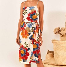 FARM Rio Pineapple Flowers Viscose Square Neck Tie Waist Colorful Midi Dress New