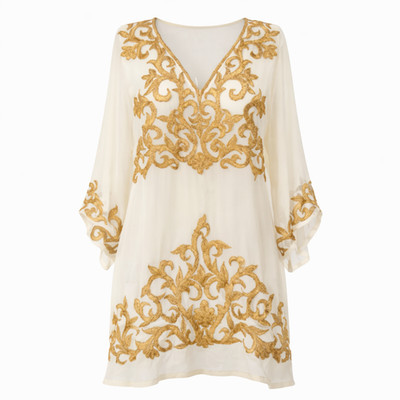 Seiden Kaftan Kleid UK 12 weiß gold barock bestickt transparent Boho Resort