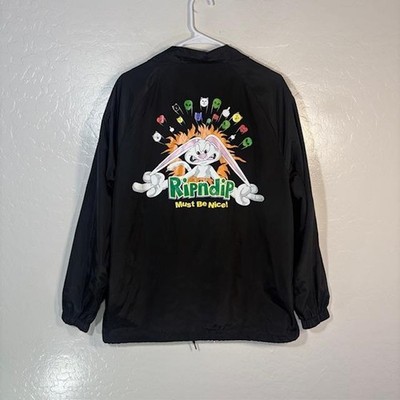 RIPNDIP Jacket Mens Large Black Snap Front Windbreaker Must Be Nice Bunny Cat