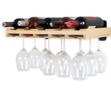 Palomino Wall Mounted Wood Floating Wine Liquor Bottle Rack w/ Glassware Holder