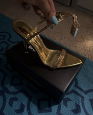 ALDO Gold Strappy Stiletto Heel Sandals Ankle Strap Buckle Square Toe 8
