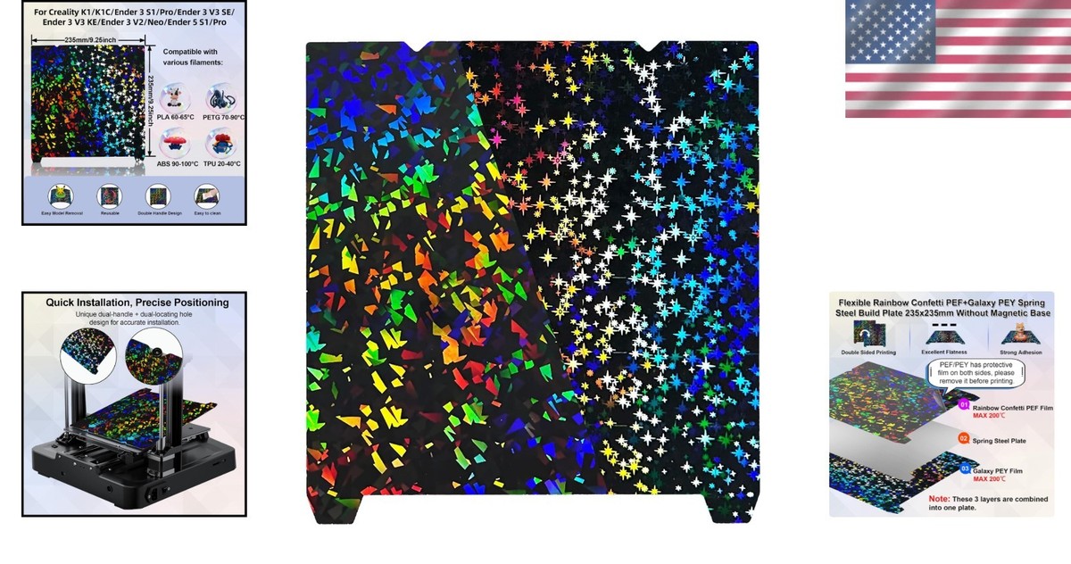 Rainbow Confetti Galaxy Effect Build Plate for 3D Printer Creality