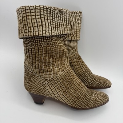 VTG Castioni Vero Cuoio Italian Leather Ankle Boots Croc Embossed Womens 6.5 Tan