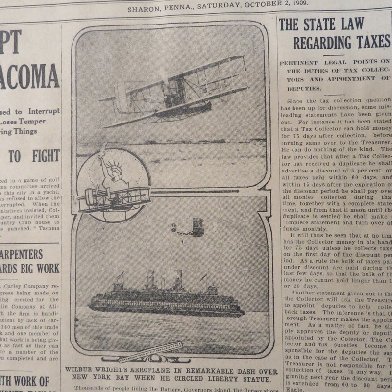 WILBUR WRIGHT'S FLIGHT OVER NEW YORK BAY OCTOBER 2 1909 NEWSPAPER