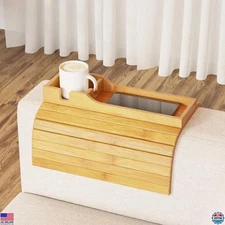 SpaceAid Bamboo Foldable Sofa Armrest Tray with Cup Holder - Anti-Fall Organizer