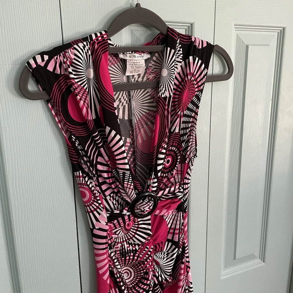 La Belle Y2K Mod Midi Dress Small Deep V-Neck Wide Strap Sleeveless Ruched Retro - Image 2 of 4