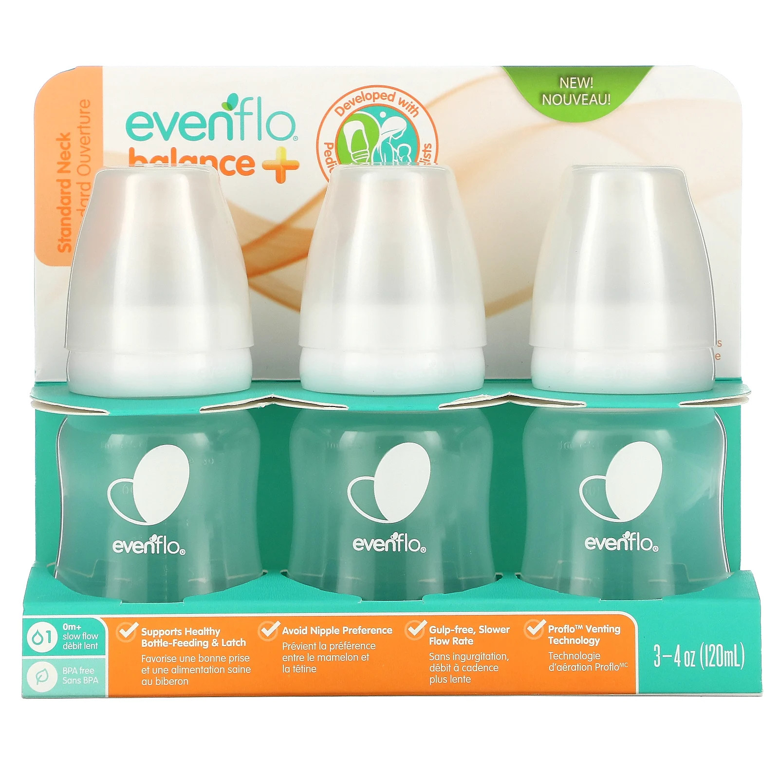 Balance+ Bottles, Standard, 0+ Months, Slow Flow, 3 Bottles,