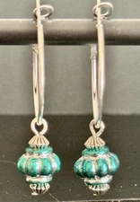Silver and Teal Vintage Ornament Hoop Earrings. Holidays. Christmas. Festive.