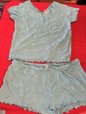 Vintage Victorias Secret 2 Piece PJ Pajama Set Size XL Soft Turquoise Lace