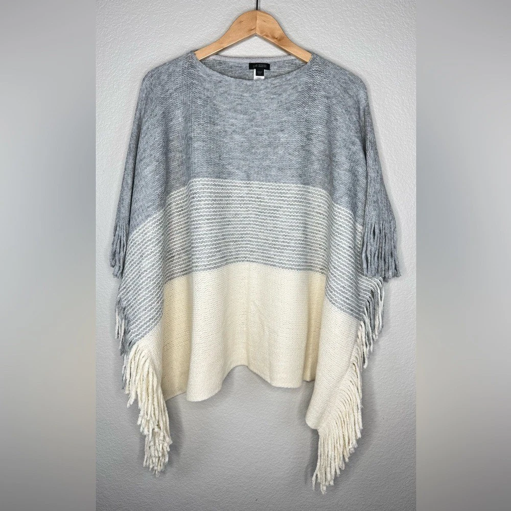 J.Jill Wearever Collection Fringe Color‑Block Poncho One Size Grey / Cream