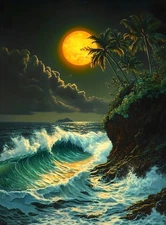 Seascape Moon Night Waves Beach Oil Painting Printed On Canvas Home Art Decor