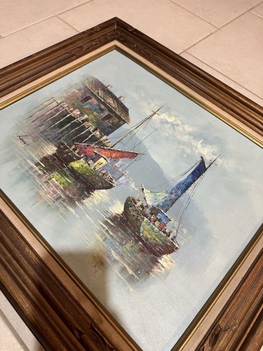 Barche da pesca Luini vintage originali olio su tela firmate alle banchine incorniciate - Foto 4 di 8