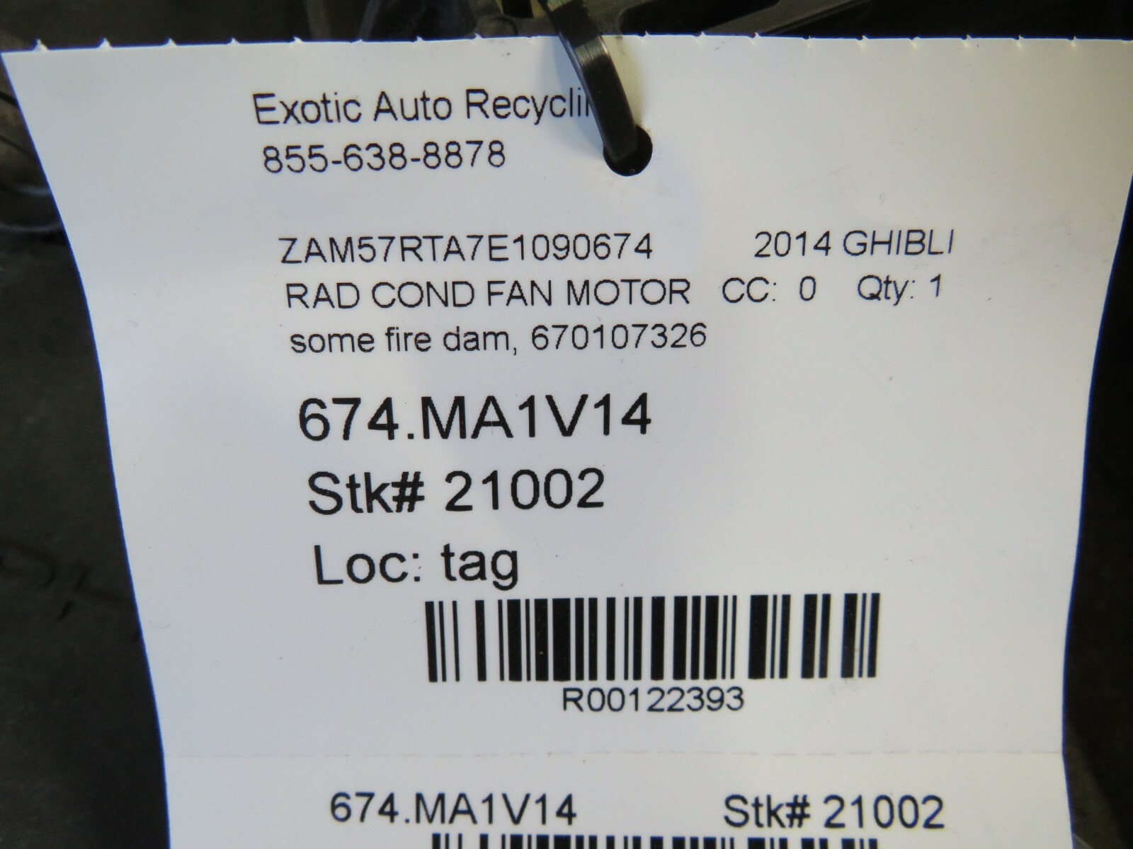 Maserati Ghibli, Radiator Fan Motor, Used, P/N 670003403