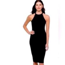 Eliza J Navy Blue Crochet Knit Lined Halter Midi Dress Sleeveless Large NWT