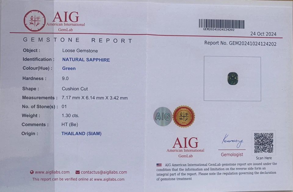 1.30 Carat Natural Green Sapphire Cushion Cut Heated Certified Gemstone Thailand - Image 3 of 4