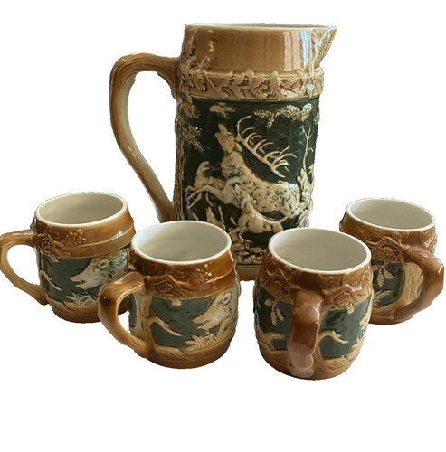 Sitzendorf drink set Pitcher +4 mugs in Historismus style w hunting scenes 1920s