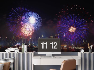 3D New York City Fireworks Night Scene Self-adhesive Removable Wallpaper Murals