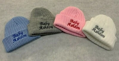 Personalised Unisex Baby Boy Girl Hat Knitted New Baby Shower Gift Name Year