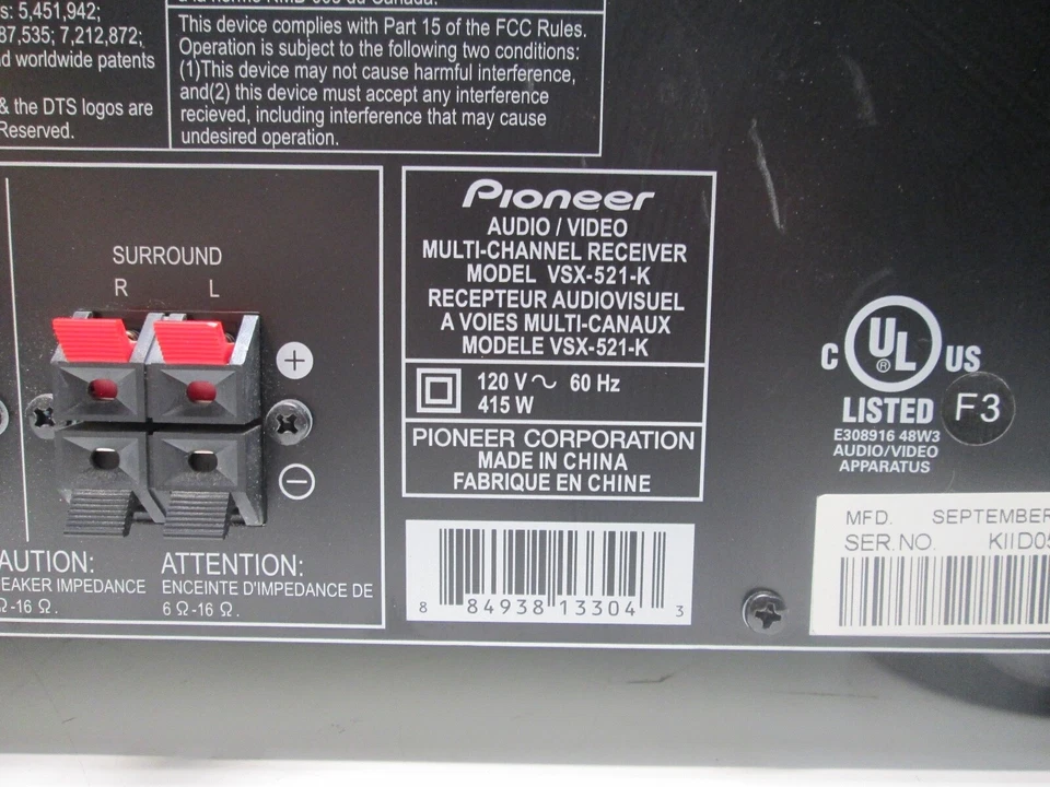 Pioneer VSX-521 5.1 Ch Home Theater Receiver - For Parts/Repair - Image 4 of 4