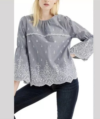 J Crew Women’s Bell Sleeve Embroidered Blouse In Striped Poplin Blue White PL - Picture 3 of 11
