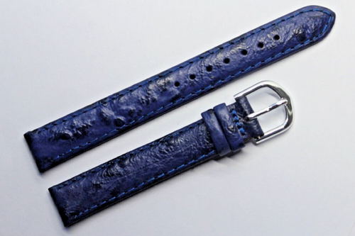 Bracelet Montre 18mm En Cuir D'autruche Bleu - Boucle Argentée, Neuf Sans étiquette