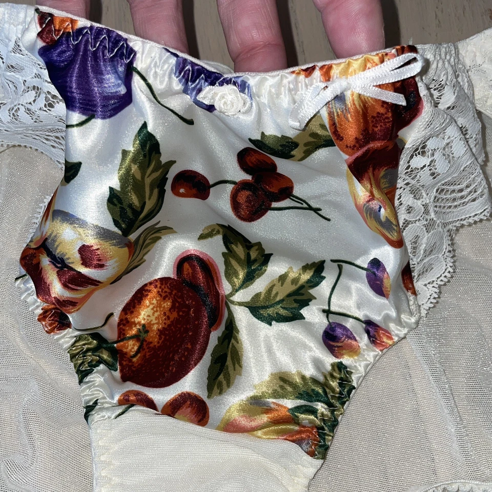 De Colección Oscar De La Renta Braguita Satinada Malla Encaje Corte Alto 7 Hecho en Unión Fruta Blanca EE. UU. Foto 4 de 4