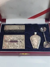 Sterling Silver marked 950 Perfume Bottle, Compact, Lipstick Holder and funnel