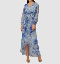 Adrianna Papell Women's Blue Metallic Draped Surplice Long Sleeve Dress Size 2