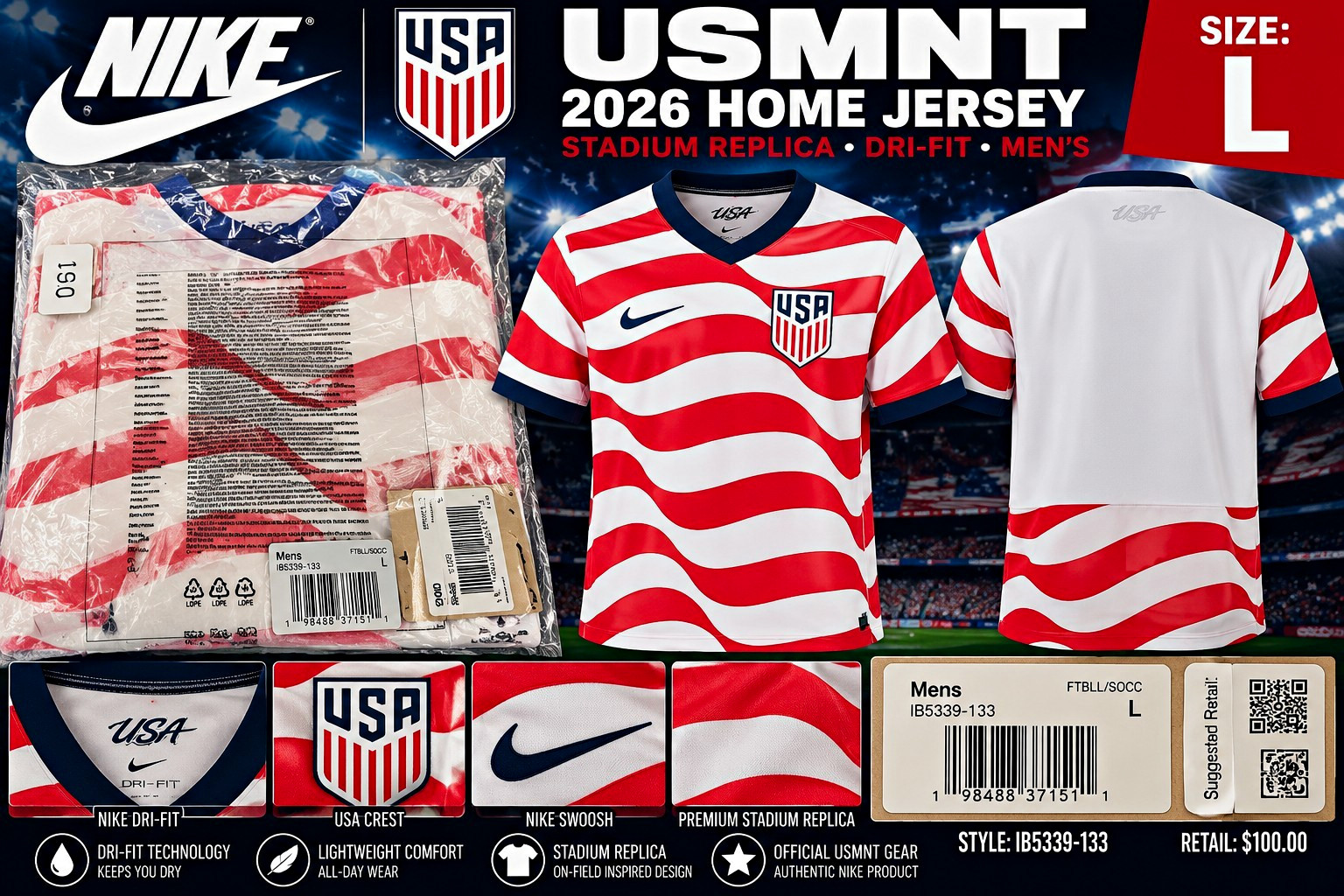 Nike USA USMNT 2026 Dri-Fit World Cup Home Stadium Jersey Large IB5339-133 NWT