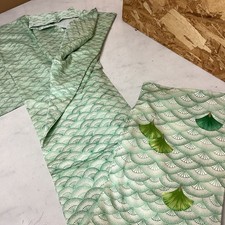 Japanese traditional Kimono Green Fan Pattern Vibrant casual beautiful design