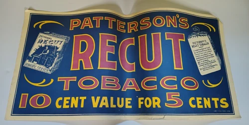 Patterson's Recut Tobacco Paper Sign Global 5 Cent Advertisement Poster