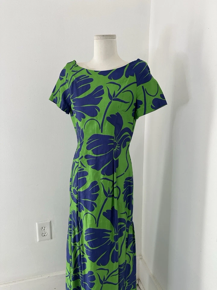 Maxi Vestido Floral Hawaiano Verde Y Azul Gran Escala Años 60 De Colección Foto 4 de 4