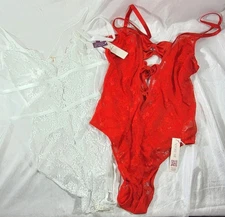 2 Adore Me Women's Lace Bodysuit Lingerie Pieces - Red & White - Large