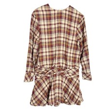 Zara Ecru Maroon Plaid Long Sleeve Ruched Flounce Flare Blogger Mini Dress Small