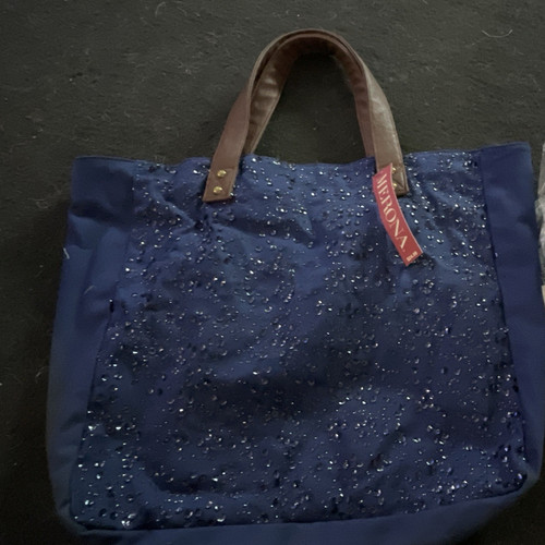Merona Blue Beaded Large Tote Bag Zip Lined Inner Pockets Brown Double Handles
