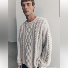 H M Atelier Men  s Heavyweight Cable Knit Roll Neck Wool Blend Sweater Cream L