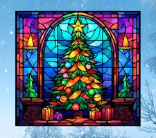 Colorful Christmas Tree Faux Stained Glass WINDOW CLING Size 8.7" Vinyl