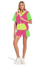 Womens 80s/90s Tracksuit 2 Piece Short Sleeve Outfits Retro Large Green