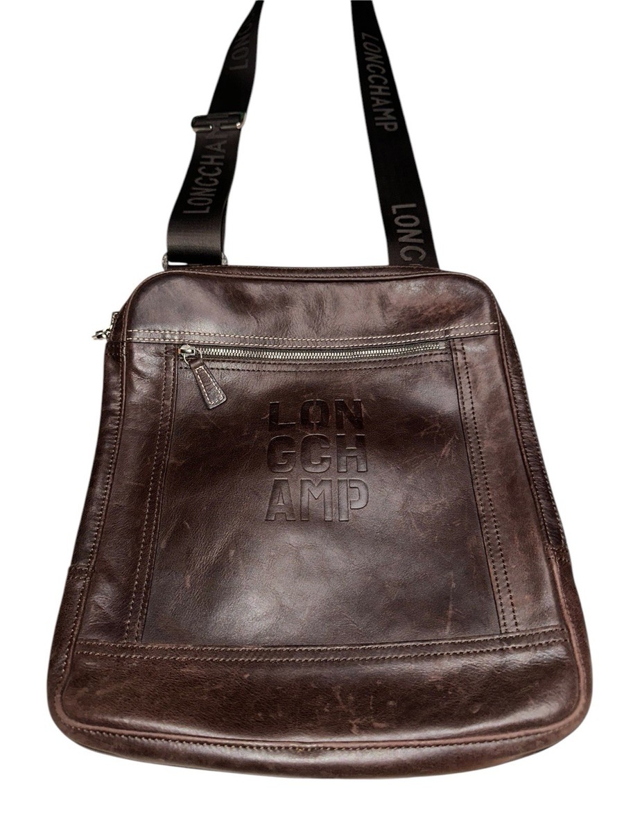 LONGCHAMP Messenger Unisex Brown Leather Bag With Embossed Detail
