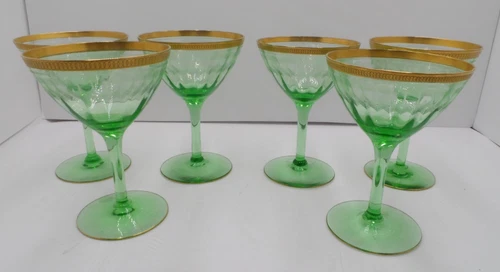 6 - Depression Era Green Uranium Wine/Water Glasses w/ Etched Flower Vine Design